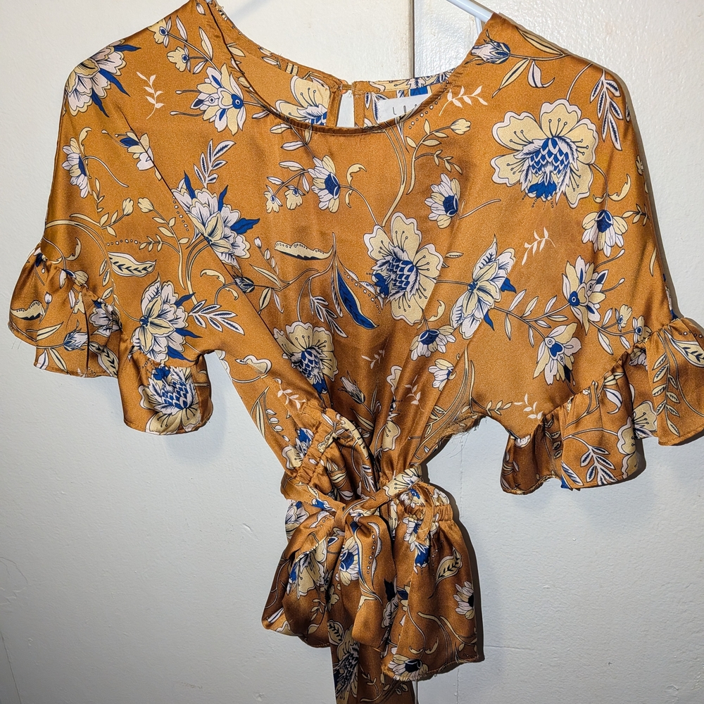Lost + Wander Mustard Floral Tie-Front Ruffle Sleeve Top
